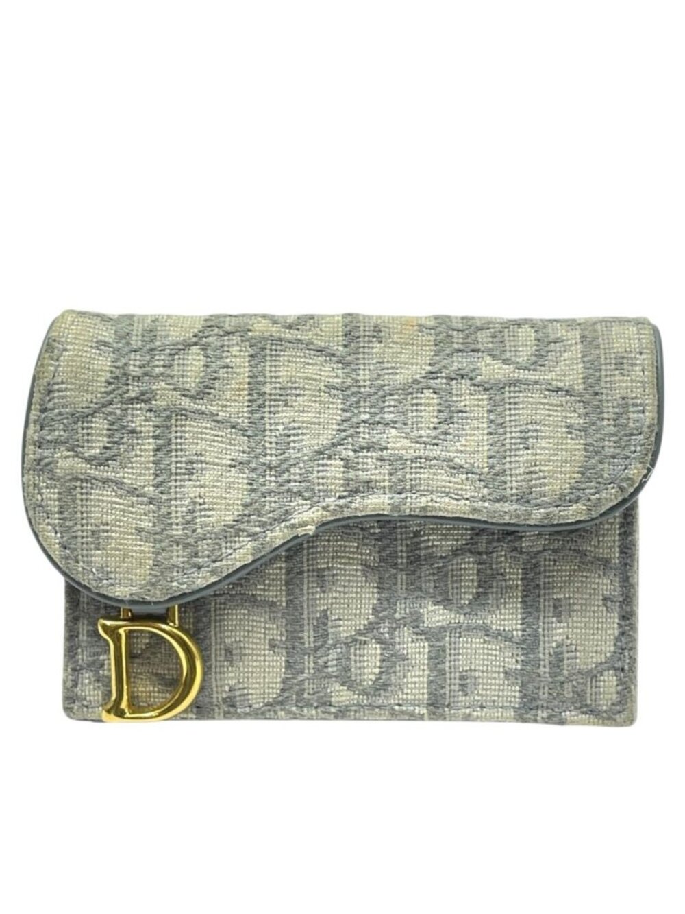 Dior Saddle Blue Card Case Oblique Jacquard Gray Gold Leather Compact Business